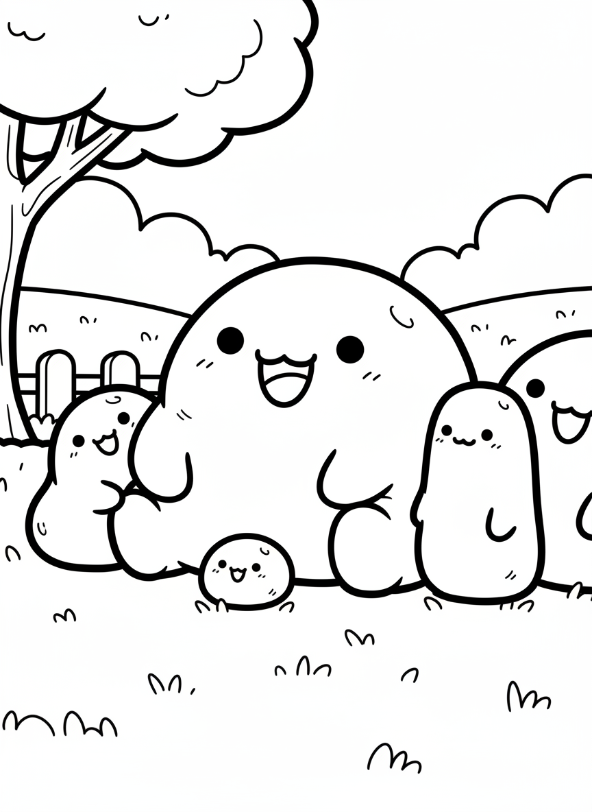 A cute mochi character with a happy expression, round and soft-looking, sitting next to other mochi friends of different sizes