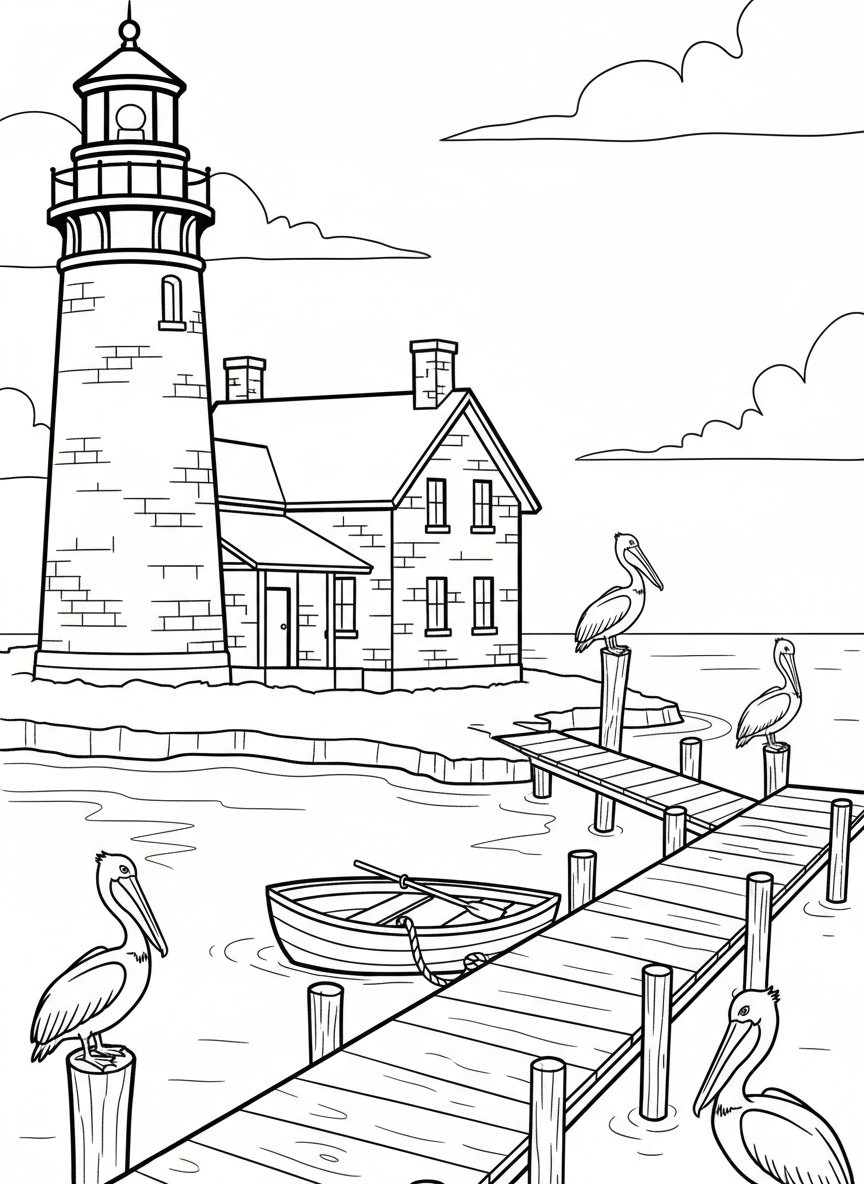 A historic brick lighthouse with a keeper's house attached, a rowboat tied to a small dock, and pelicans resting on posts