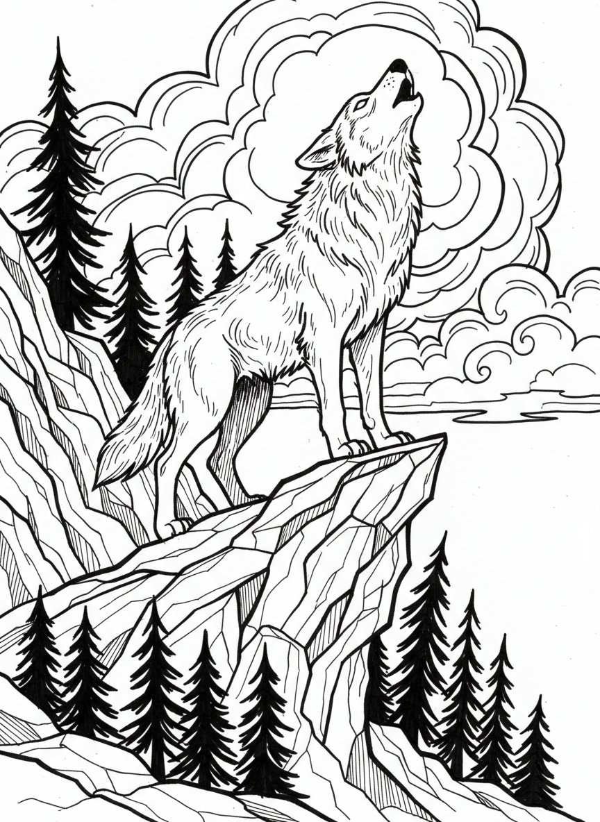 A wolf howling on a mountain cliff with pine trees and clouds in the background