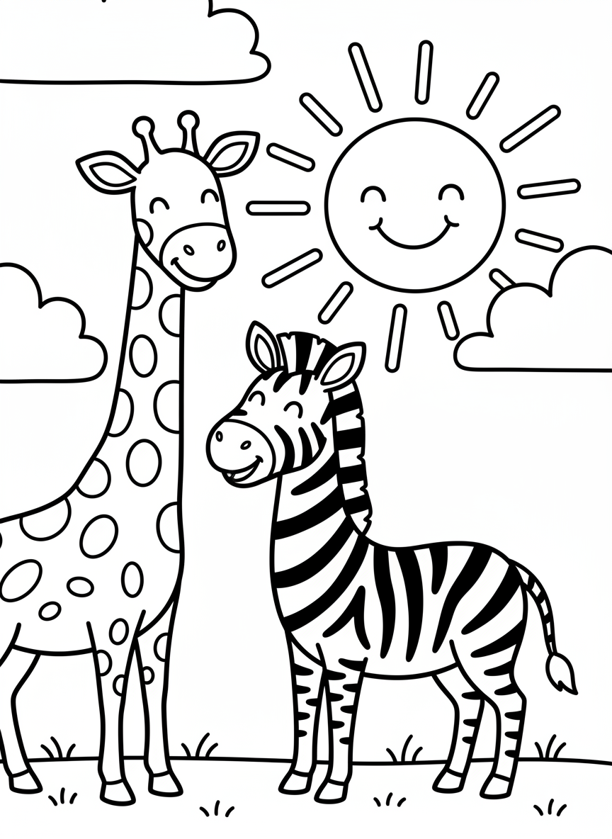 A giraffe and zebra standing together as friends, both smiling, simple landscape with sun and clouds, sweet nursery scene