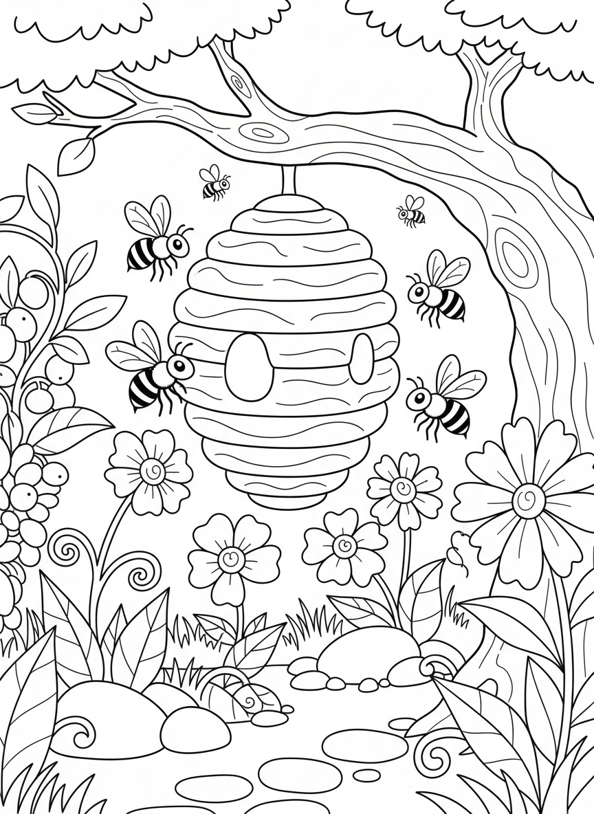 A busy beehive hanging from a tree branch with several bees flying around collecting pollen from nearby flowers in a garden setting.