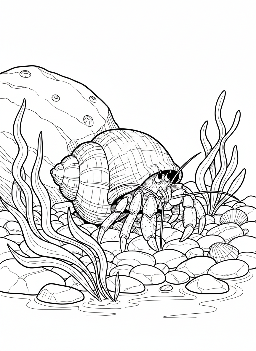 A hermit crab peeking out from its spiral shell, sitting among smooth pebbles and seaweed strands in a shallow tide pool