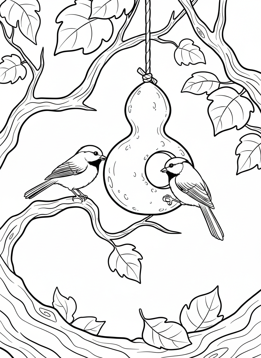 Two chickadees playing near a hanging gourd birdhouse, with leaves and branches in the background