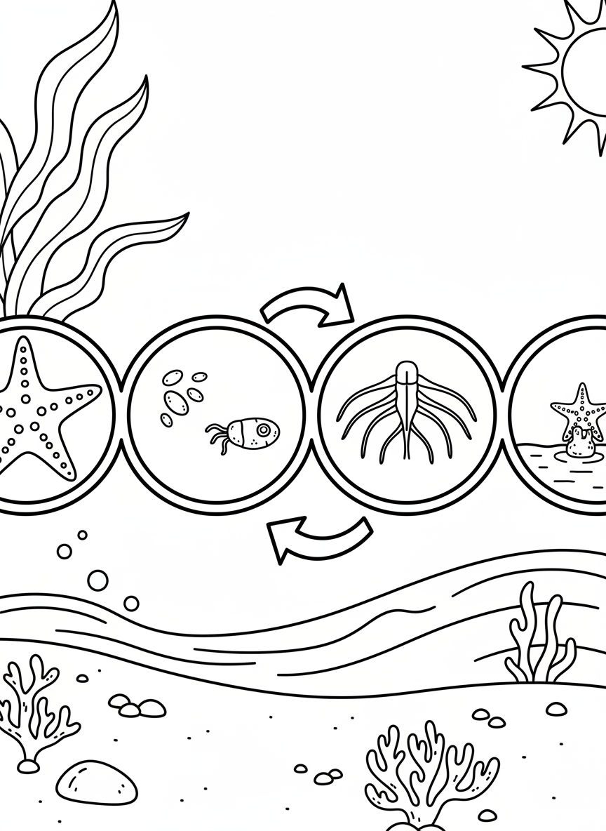 A discovery document with a sea star life cycle shown in connected circles, each with space for drawings and descriptions