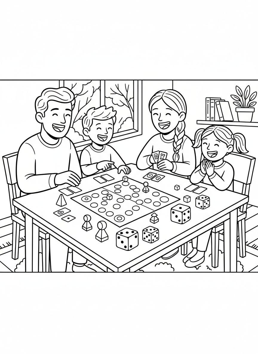 Children and parents playing board games together at a dining table, with game pieces, dice, and happy expressions.