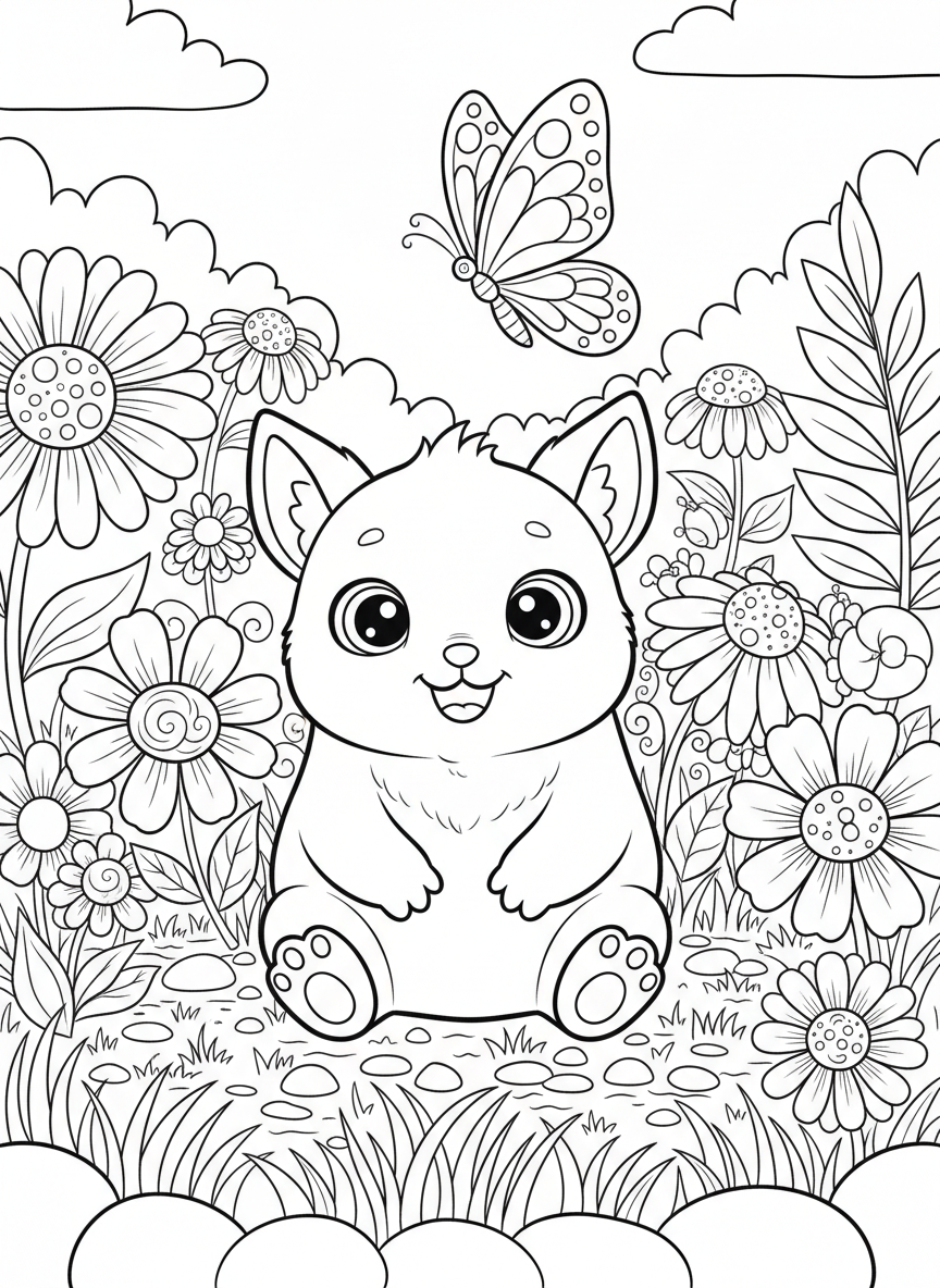 A cute small creature with big round eyes and pointy ears sitting happily in a flower garden, simple line art coloring page for kids