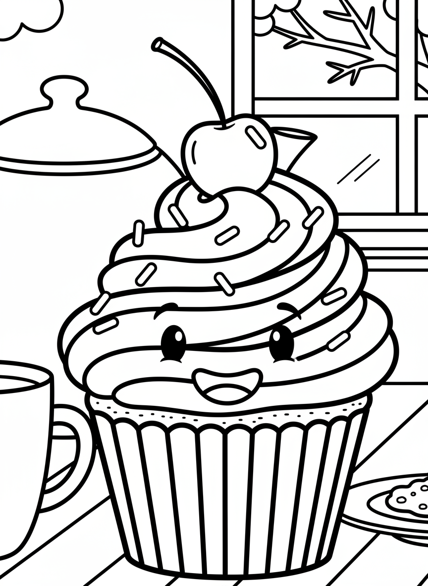 A cheerful cupcake with swirled frosting, a cherry on top, and decorative sprinkles, sitting in a fluted wrapper.