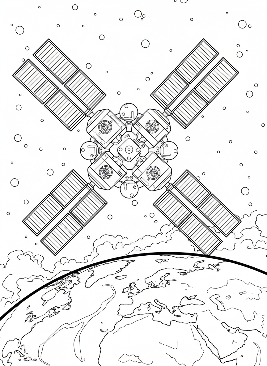 A space station orbiting Earth with solar panels extended, astronauts visible through windows, stars scattered in background