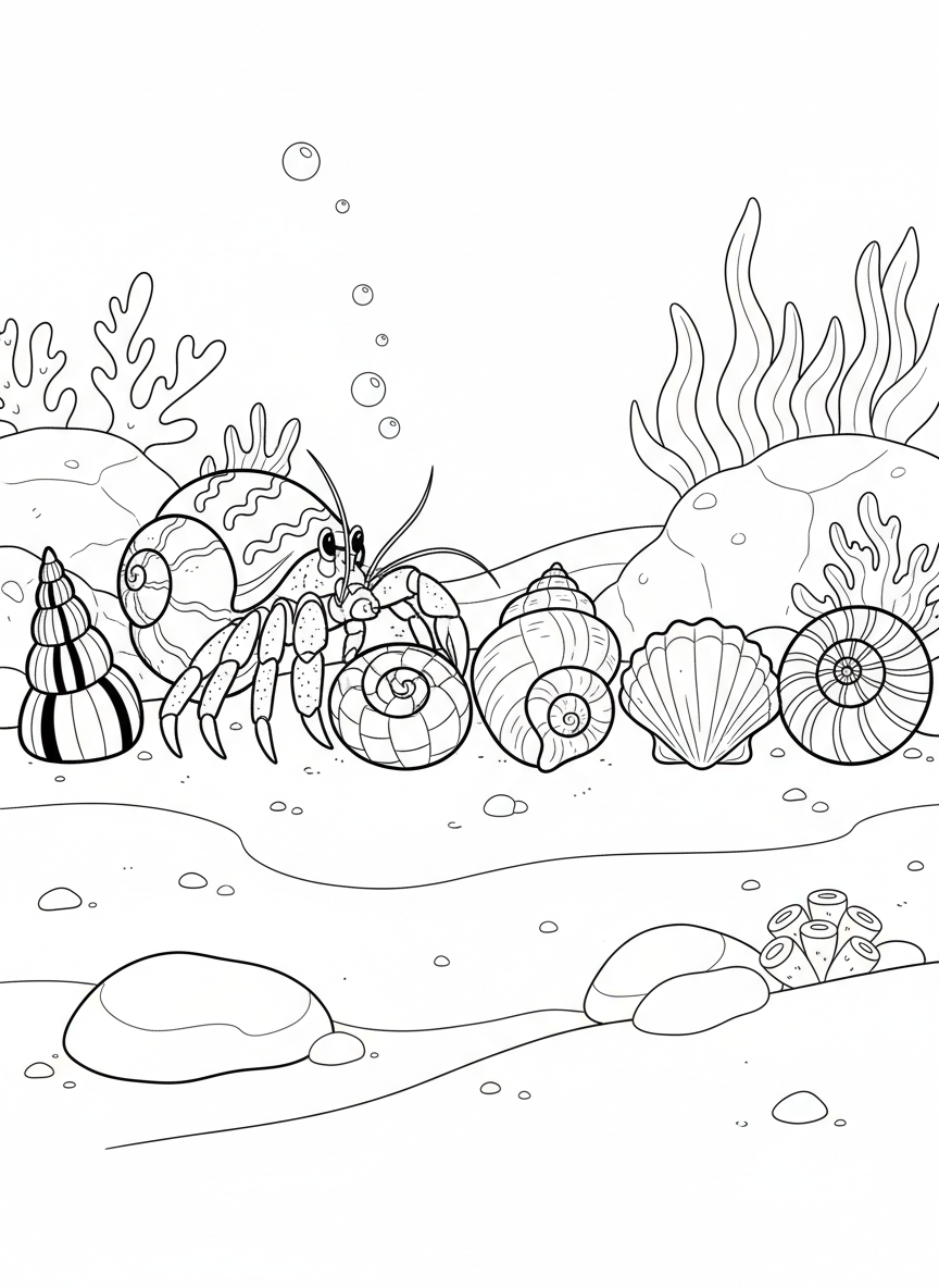 A hermit crab house-hunting scene with a row of five different patterned shells to choose from on the ocean floor.