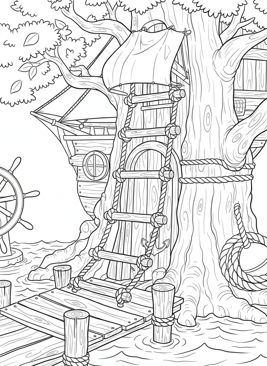 A rope ladder made from nautical-style knotted rope with round wooden rungs, maritime-themed treehouse access.