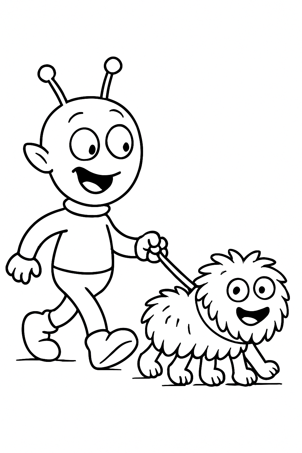 Space Pet: A goofy alien walking its dog, which is actually a fuzzy, six-legged space creature on a leash.