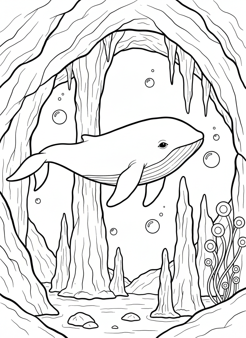 A baby whale calf exploring a massive underwater cavern with towering rock columns and hanging formations creating a magical space