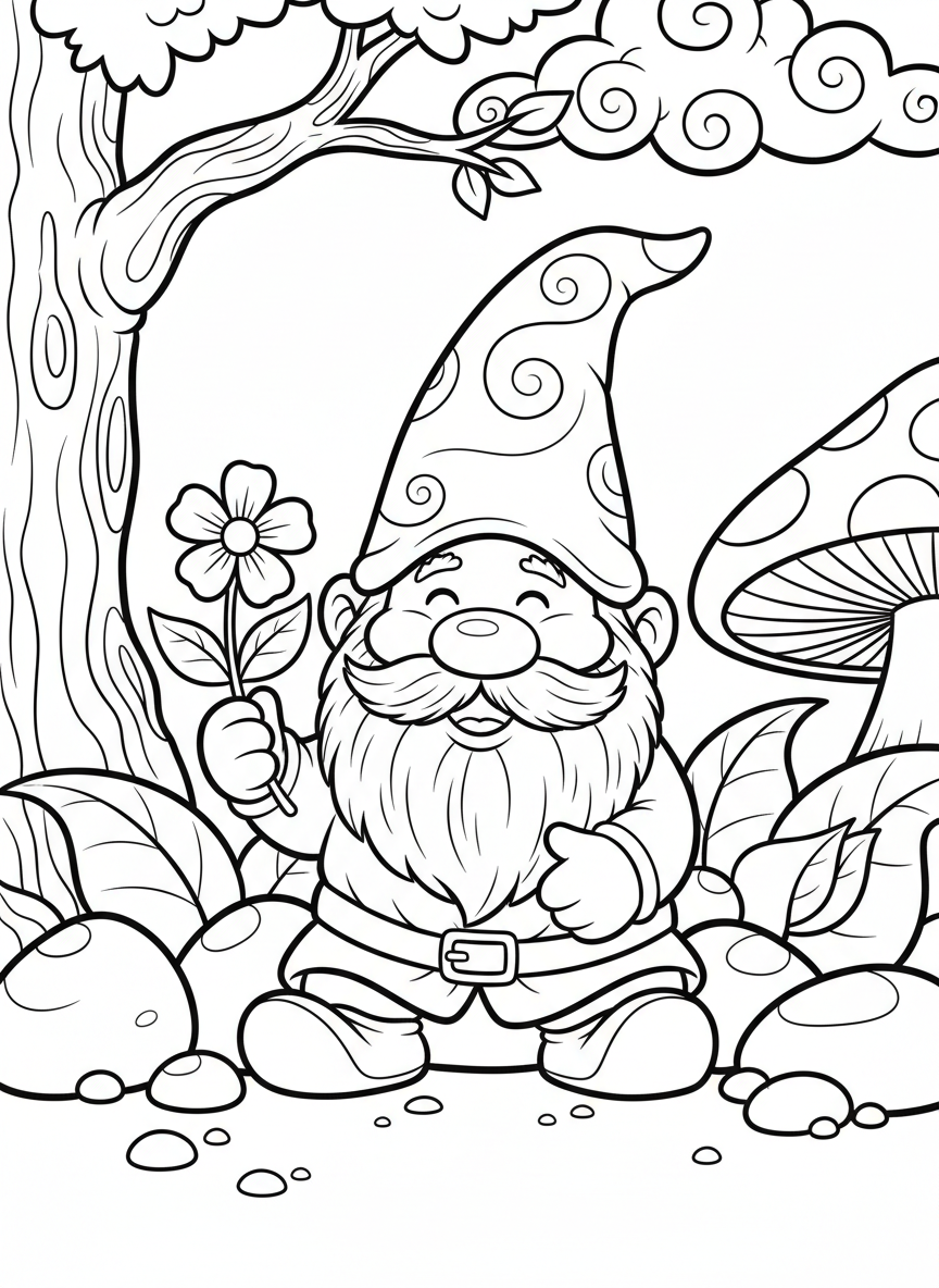 A ceramic garden gnome with a pointy hat, big beard, and cheerful face holding a tiny flower.