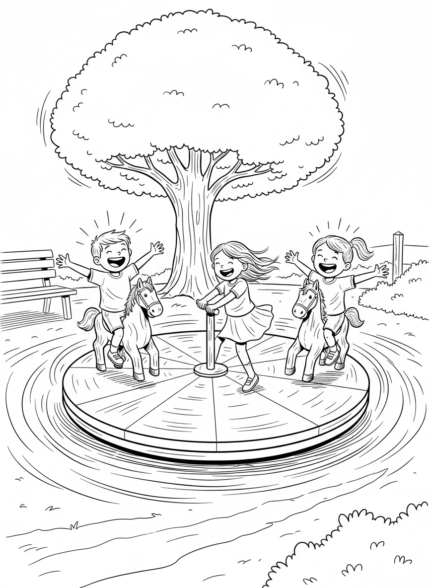 Three children playing on a merry-go-round with motion lines showing it spinning, joyful expressions