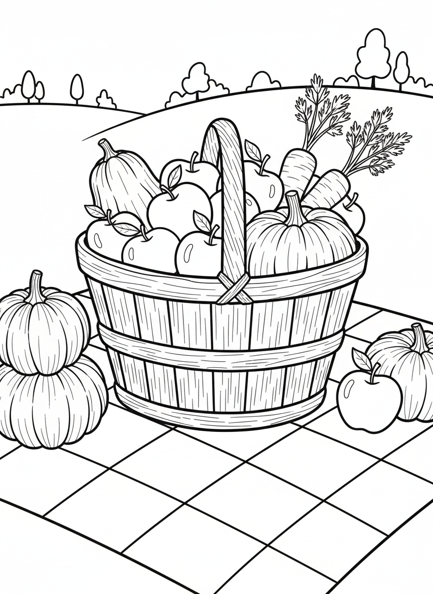 A close-up of a wooden basket overflowing with freshly picked apples, pumpkins, and carrots, sitting on a checkered picnic blanket.