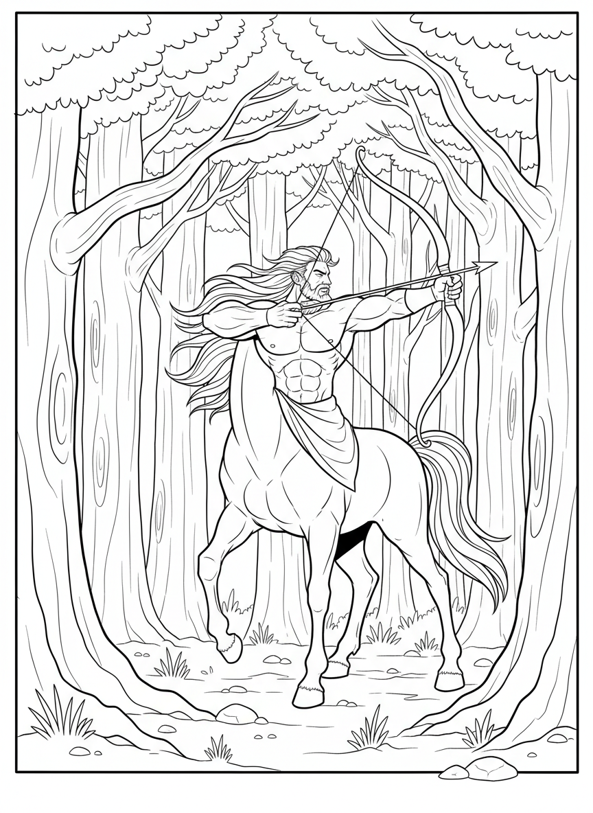 A centaur archer in a forest clearing, with detailed horse body and human torso, holding a bow surrounded by trees.