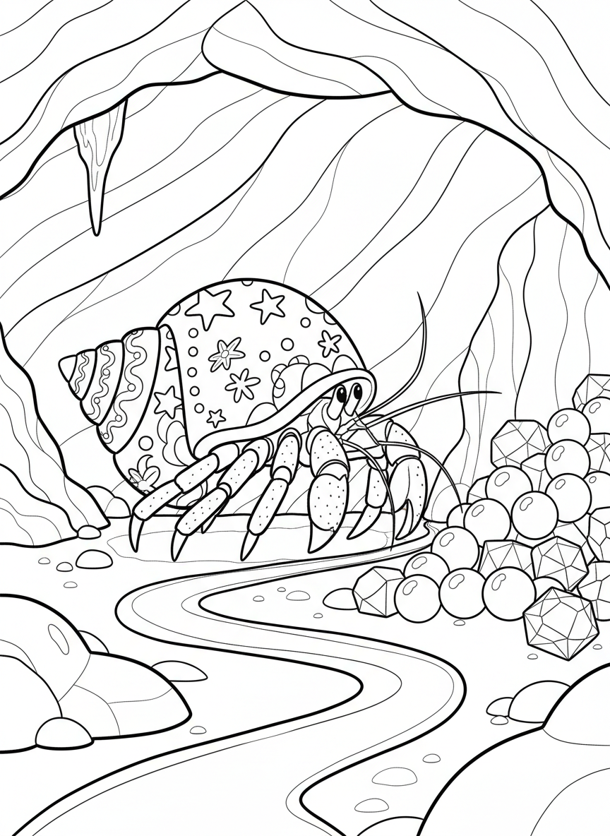 A hermit crab carrying a decorated shell walking across the cave floor toward a pile of shiny pearls and gemstones