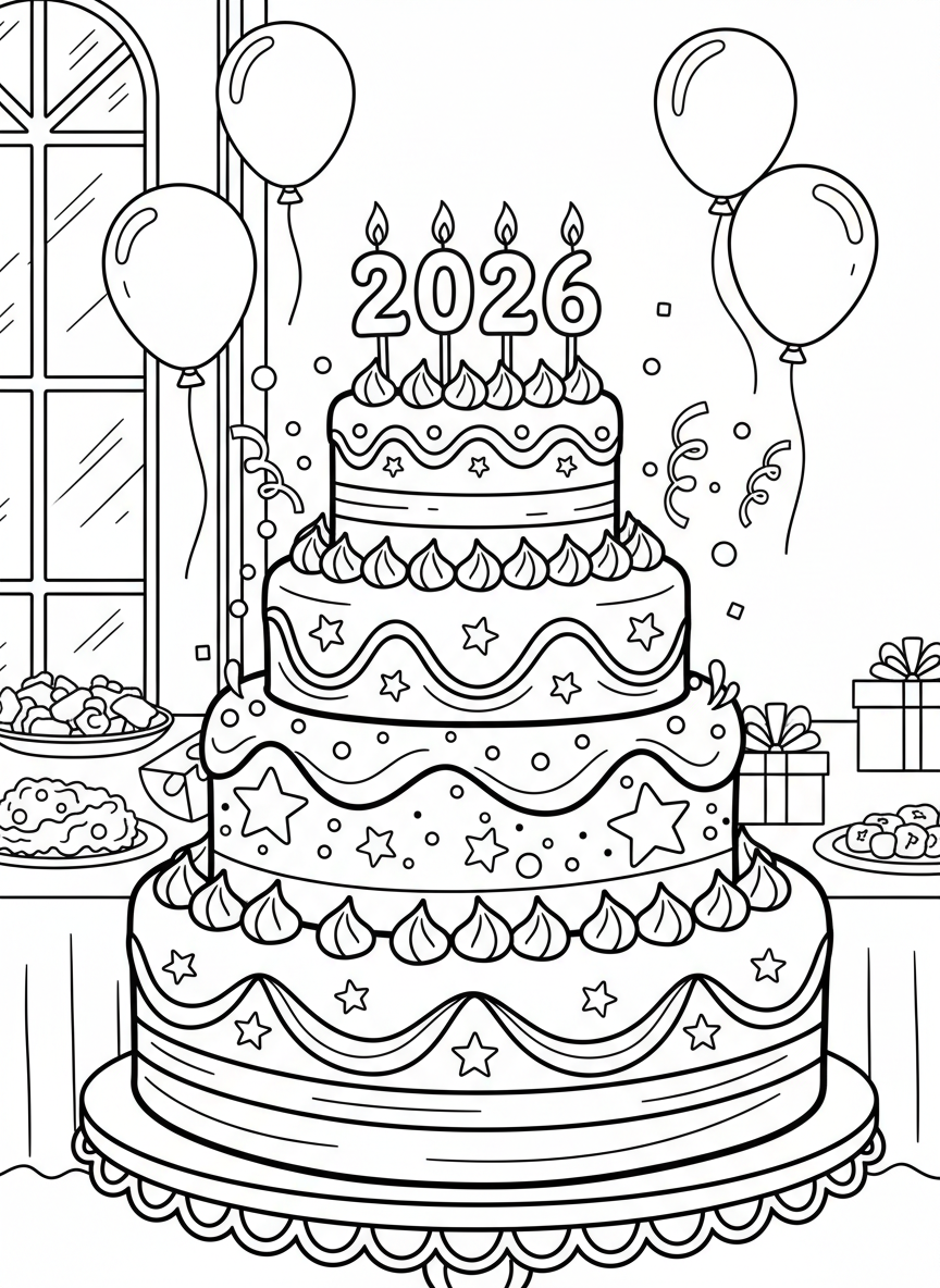 A festive cake with candles shaped like '2026' on top, decorated with frosting swirls, stars, and celebration designs.