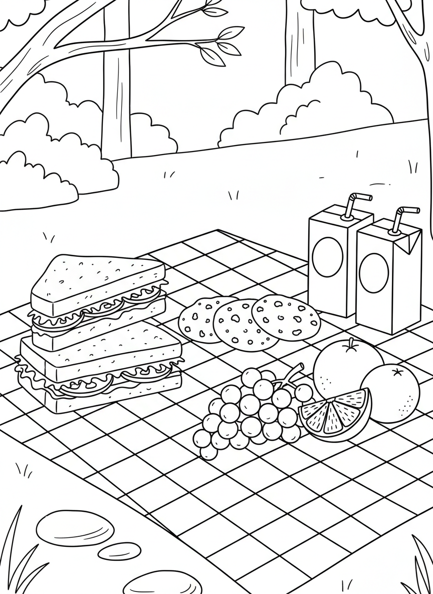 Close-up of camping snacks on a checkered blanket: sandwiches, fruit, cookies, and juice boxes arranged neatly.