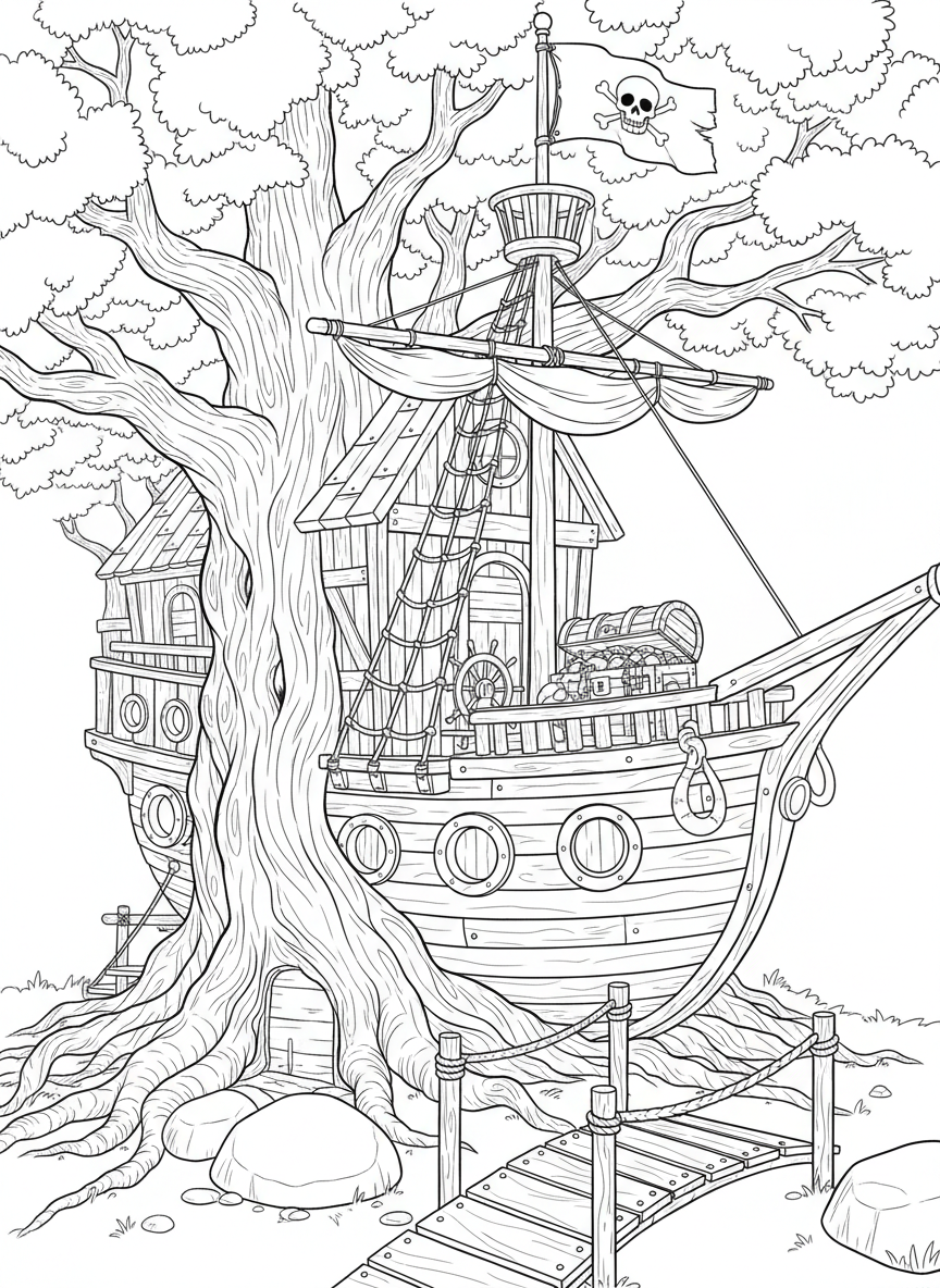 A treehouse shaped like a pirate ship with a flag on top, rope railings, and a treasure chest on the deck.