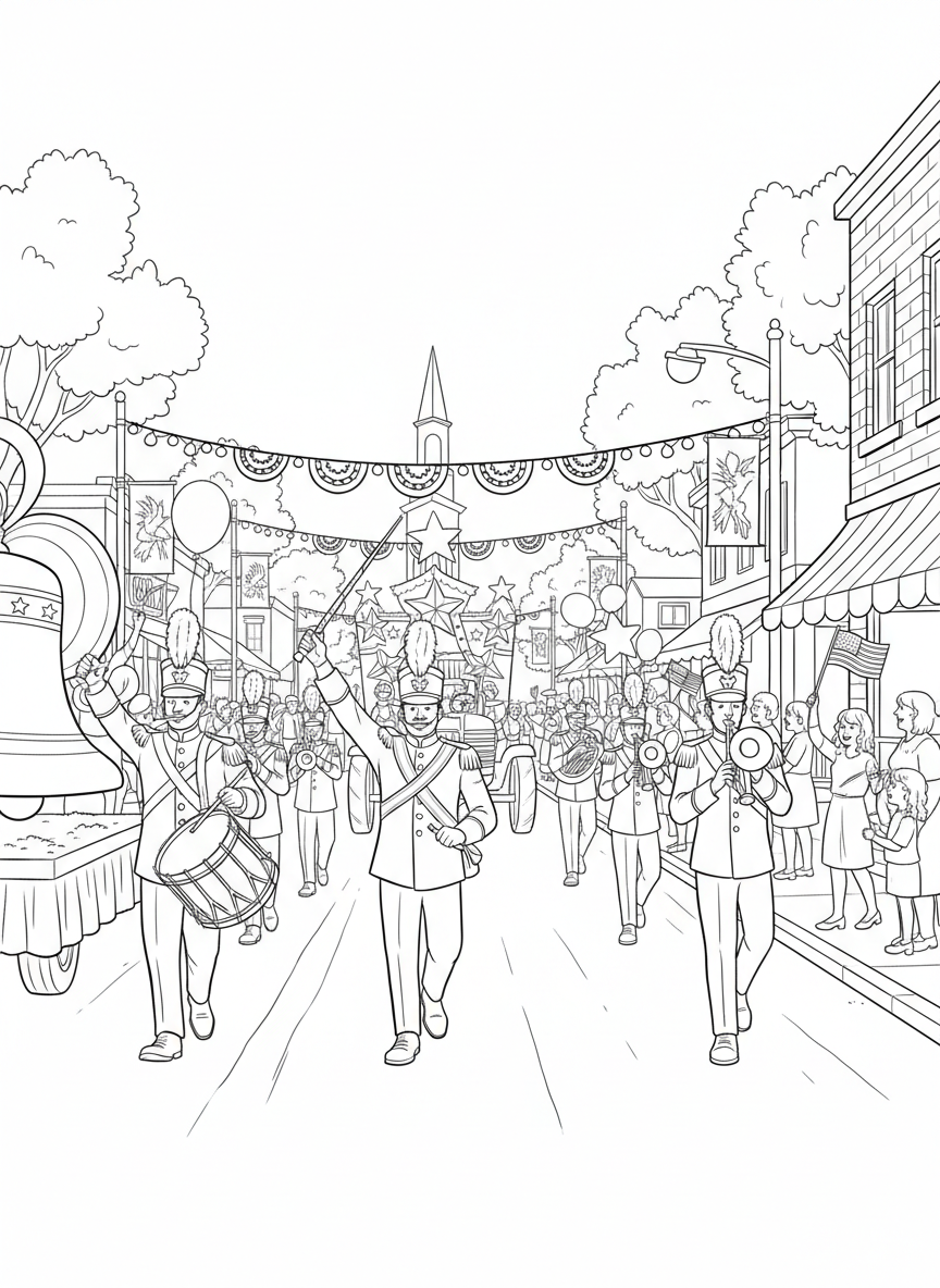 Independence Day Parade coloring page prompts capturing patriotic parades, music, and festive community pride.	A small-town Independence Day parade marching down Main Street, flags waving and bands playing proudly.