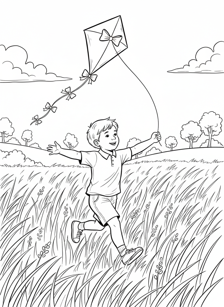 A young child running through a field while flying a simple diamond kite, with the kite string visible and grass blowing in the wind.