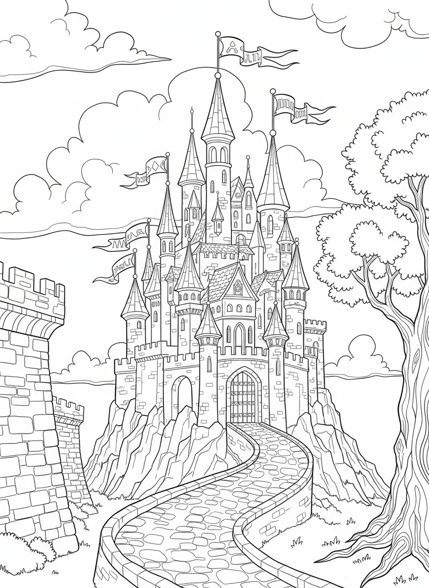 A magical castle on a hill with flags, clouds, and a winding path leading to the entrance, detailed but colorable
