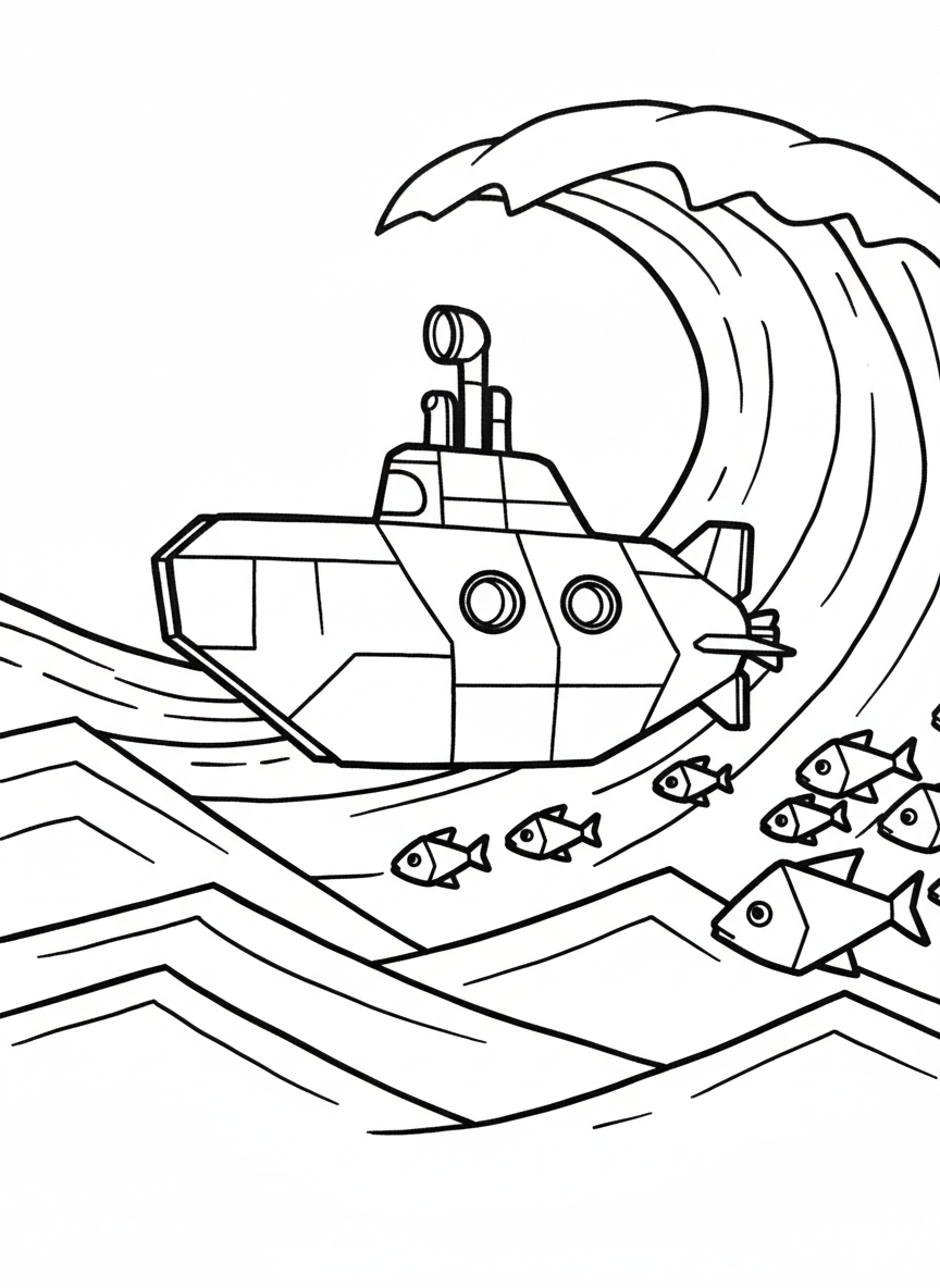 An origami submarine with periscope and angular hull design, diving beneath geometric waves with small fish swimming around it.