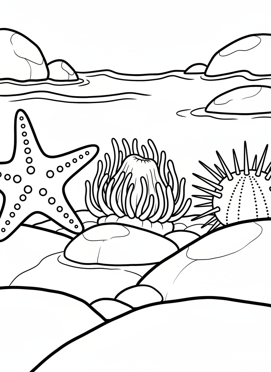 A tide pool scene showing a starfish on the left, a sea urchin on the right, and a small anemone in the center with wavy water lines.