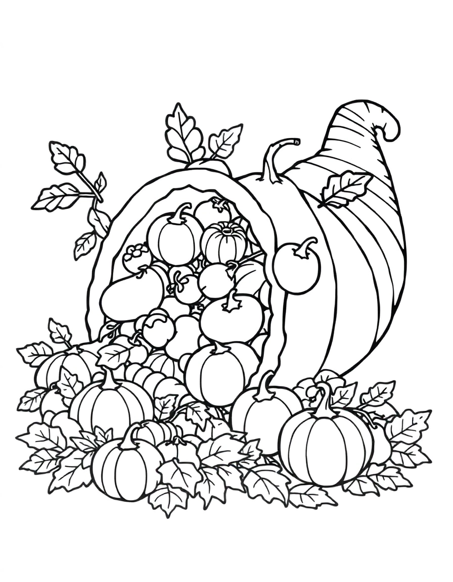 Cornucopia overflowing with fruits, vegetables and autumn leaves,