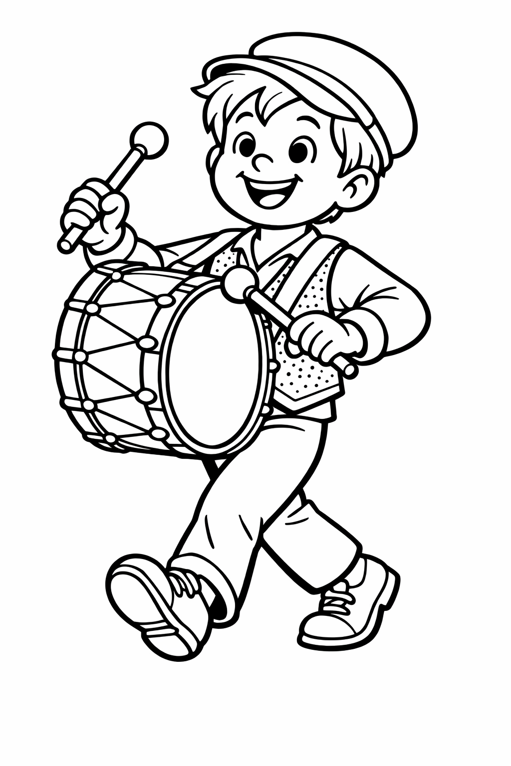 Drummer Boy: A smiling boy wearing a colorful, sparkly vest, happily beating a large drum strapped to his chest with two sticks as he marches.