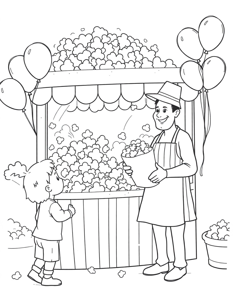A bustling popcorn stand at the carnival, overflowing with fluffy, golden popcorn. A friendly vendor, wearing a striped apron and hat, hands a large bag of popcorn to a delighted child. Colorful balloons float nearby, adding to the festive atmosphere.