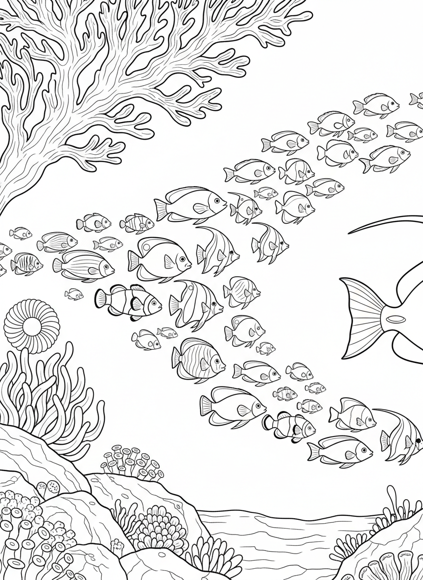 A detailed underwater scene showing branching coral formations, sea anemones, and a school of tropical fish swimming together