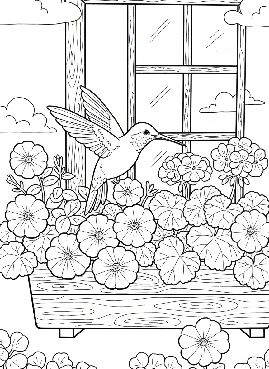 A hummingbird hovering near a window box filled with petunias and geraniums, with a simple house window in the background
