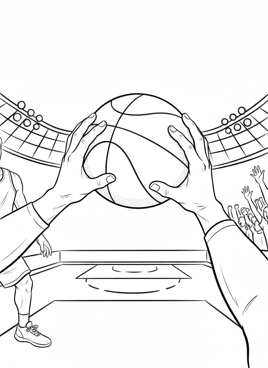 A close-up of a basketball player's hands gripping the ball, ready to make an important play during the finals.