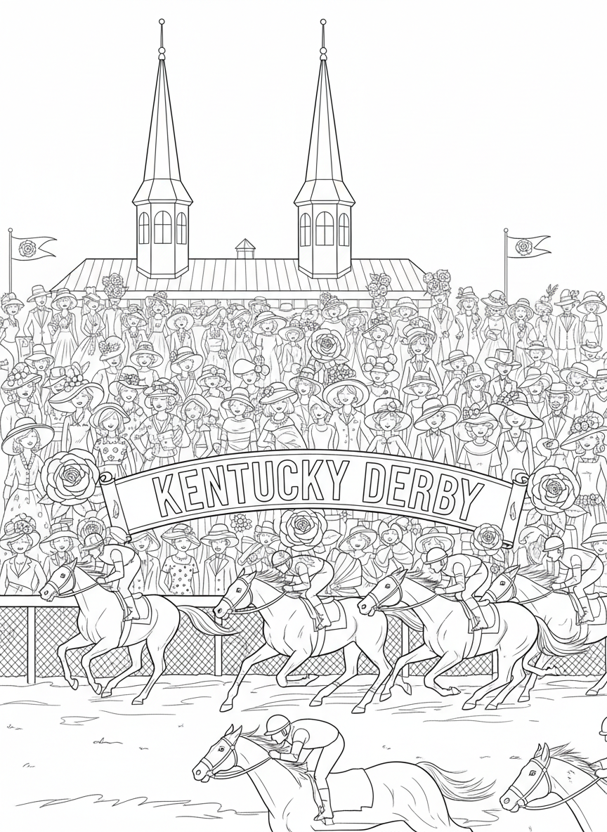Kentucky Derby coloring page prompts capturing elegance, horse racing tradition, spring fashion, and historic pageantry.	A sweeping view of Churchill Downs with packed stands, twin spires rising above a sea of colorful hats and dresses.