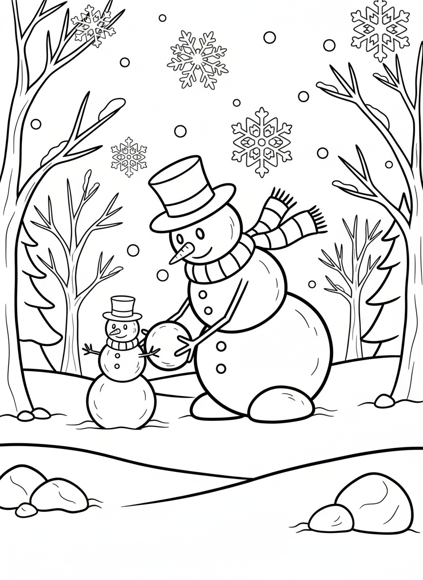 A snowman building a smaller snowman, rolling a snowball with stick arms, surrounded by winter trees and falling snowflakes.