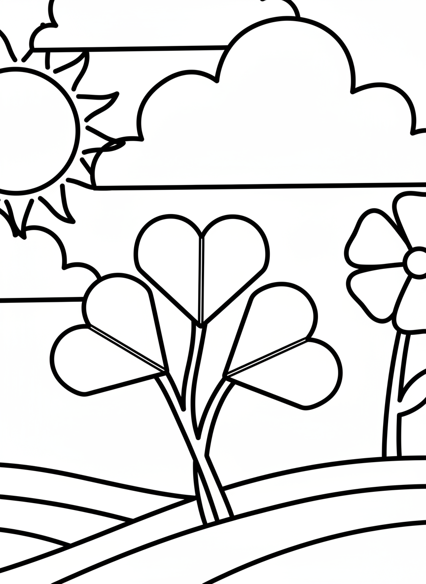 A simple origami clover plant with three heart-shaped leaves on thin stems, perfect for very young children to color.
