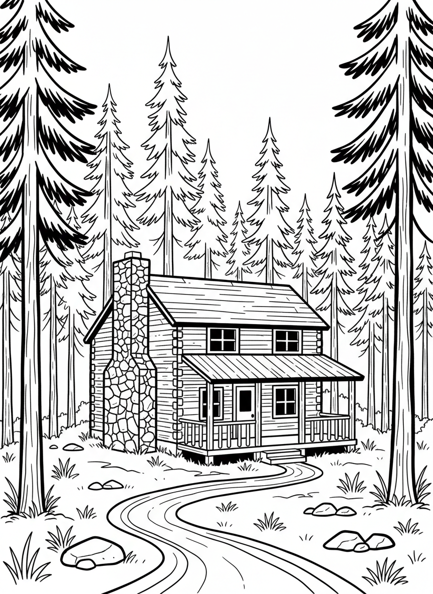 A rustic wooden cabin in the woods with a front porch, windows, and a chimney, surrounded by tall pine trees.