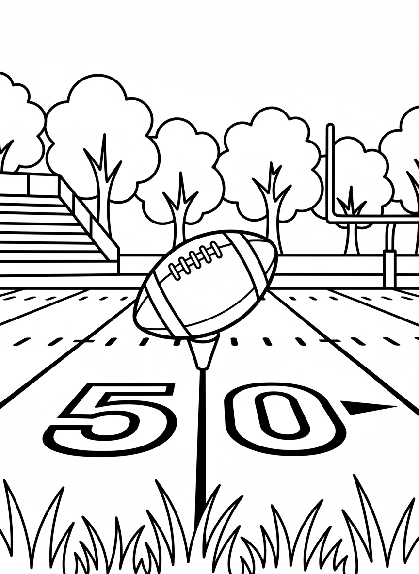 A football sitting on a kicking tee at the 50-yard line, with yard markers visible on the field.