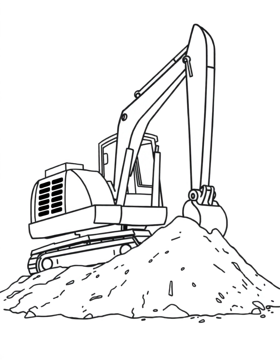 A large yellow excavator digging into a dirt pile