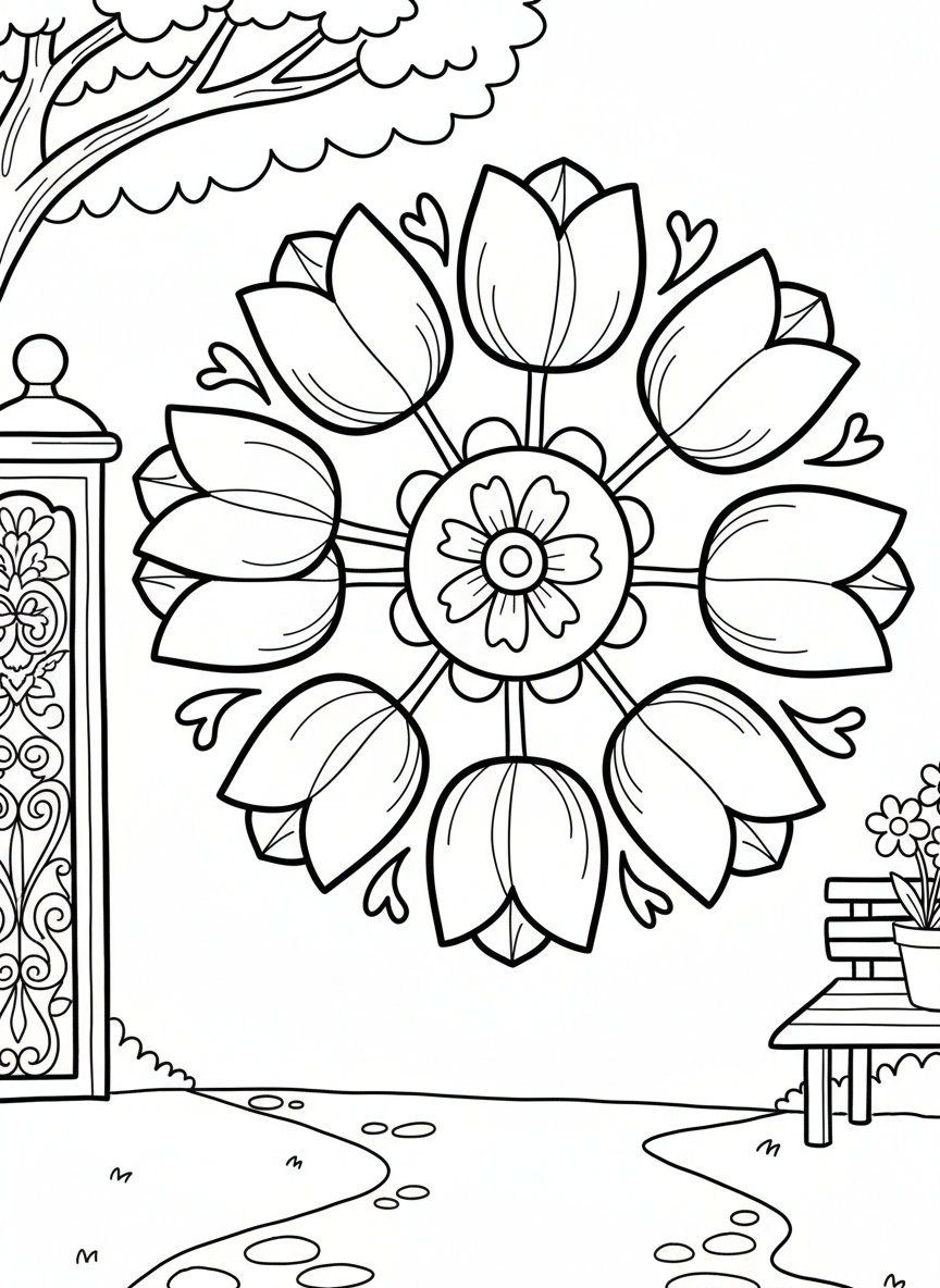 A child-friendly mandala featuring large tulip flowers in a circular arrangement, with simple stem and petal outlines
