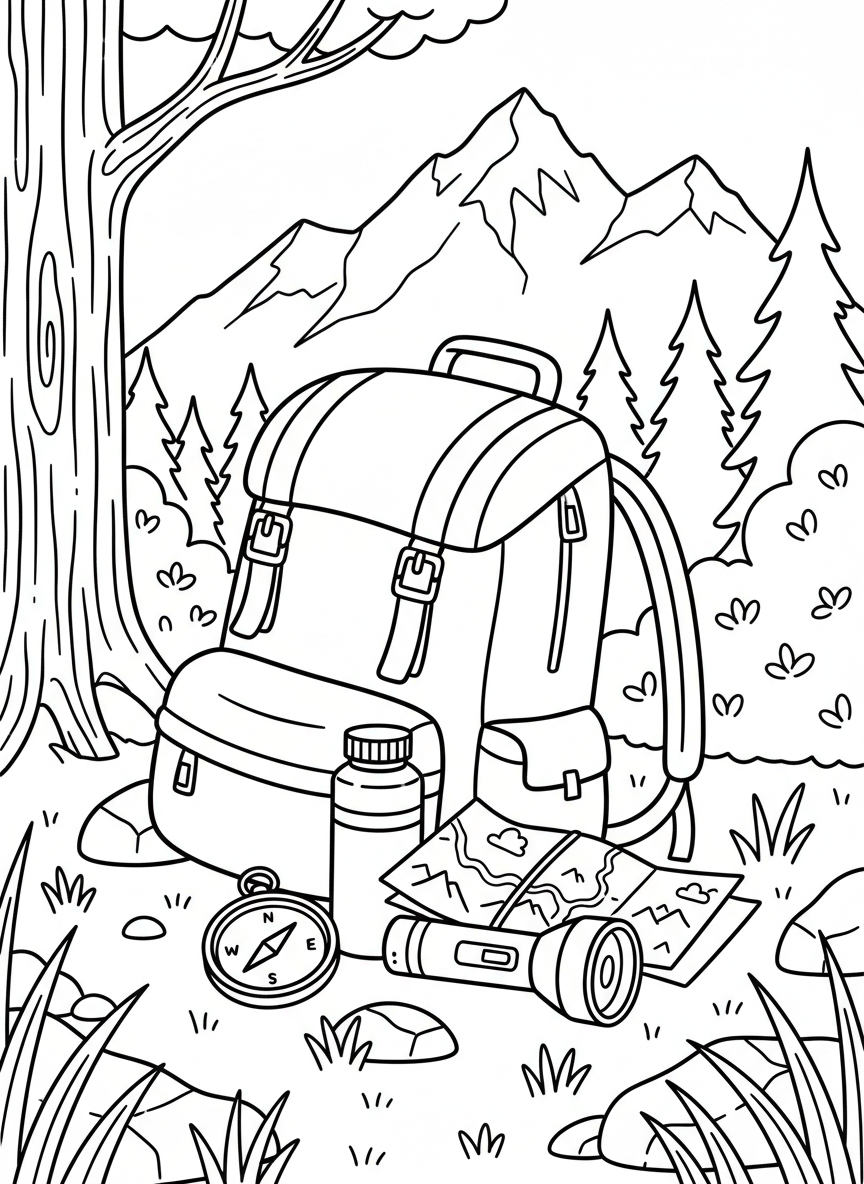 A backpack with camping gear spilling out including a compass, water bottle, flashlight, and rolled-up map.