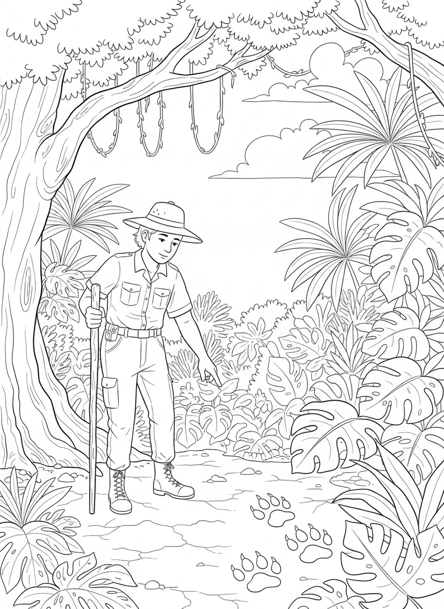 Safari guide pointing at animal tracks on the jungle ground while holding a walking stick, educational adventure scene.