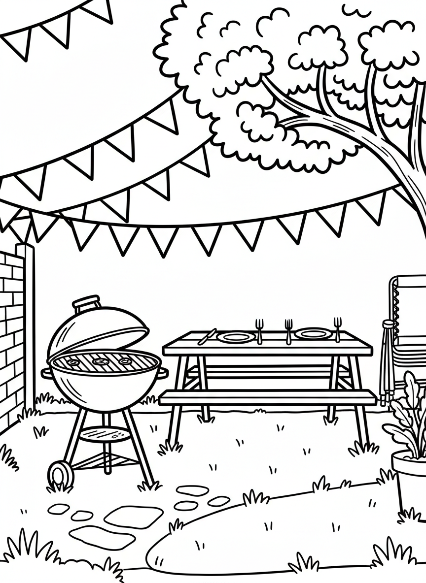 A backyard barbecue scene with a grill, picnic table, and bunting decorations hanging above
