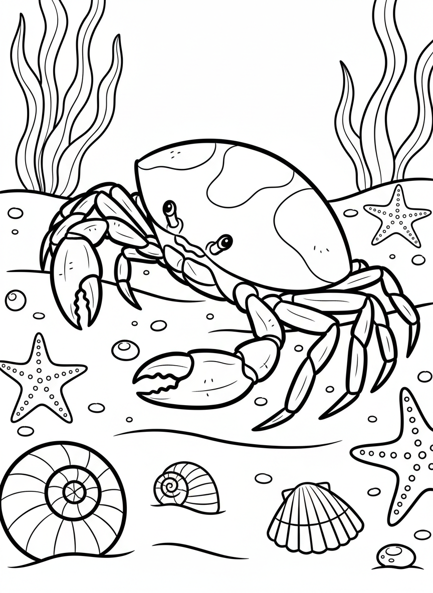 A crab walking sideways on the sandy ocean floor with shells and starfish scattered around