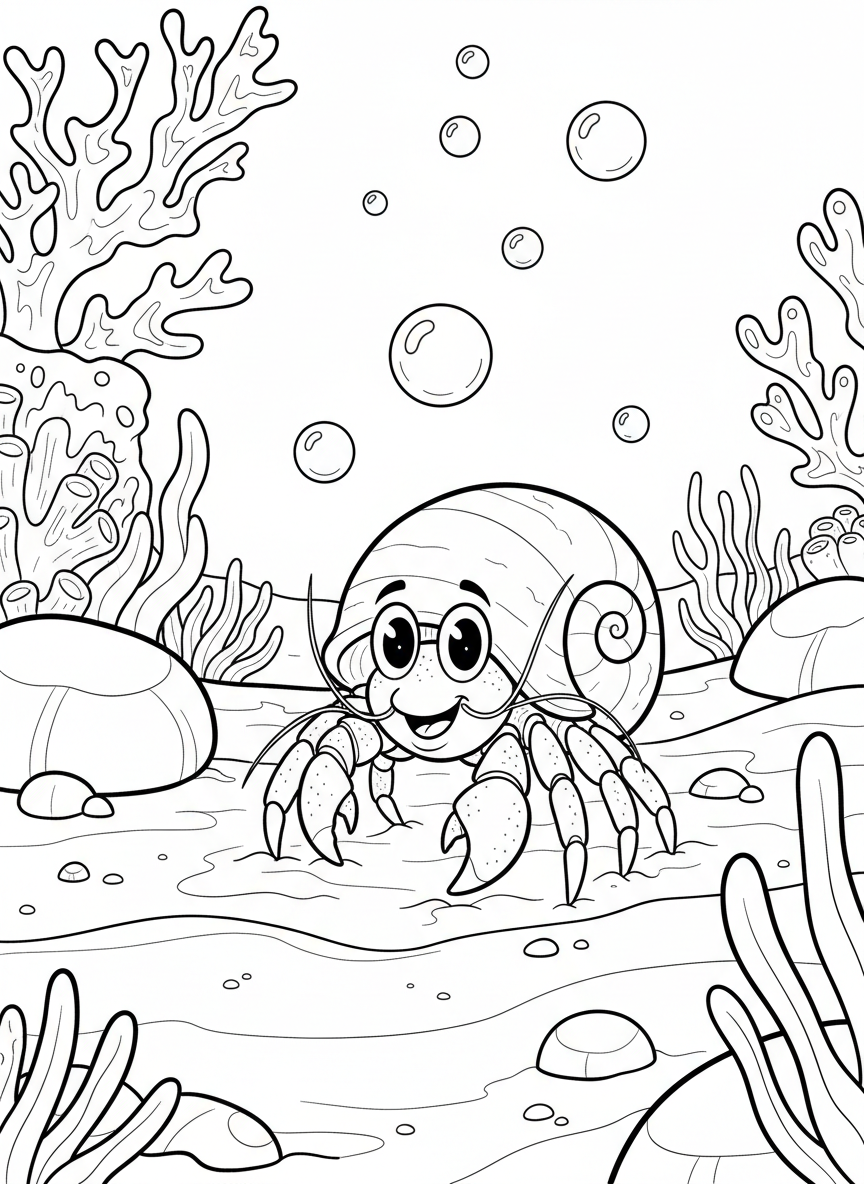 A hermit crab peeking out from its spiral shell, walking across sandy tide pool floor with tiny bubbles floating around, clear outlines and friendly expression