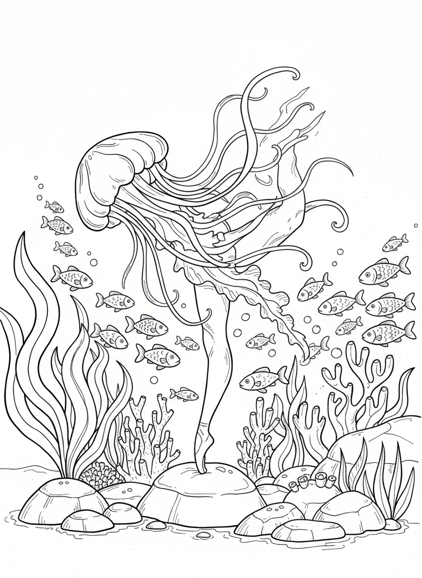 A graceful jellyfish doing a gentle dance pose with its tentacles flowing upward, surrounded by small fish and underwater plants in a tide pool.