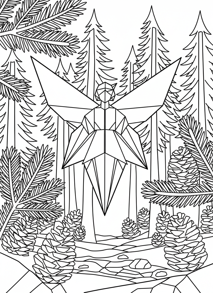 An origami fairy with star-shaped wings floating among paper-folded pinecones and evergreen branches in a pine forest