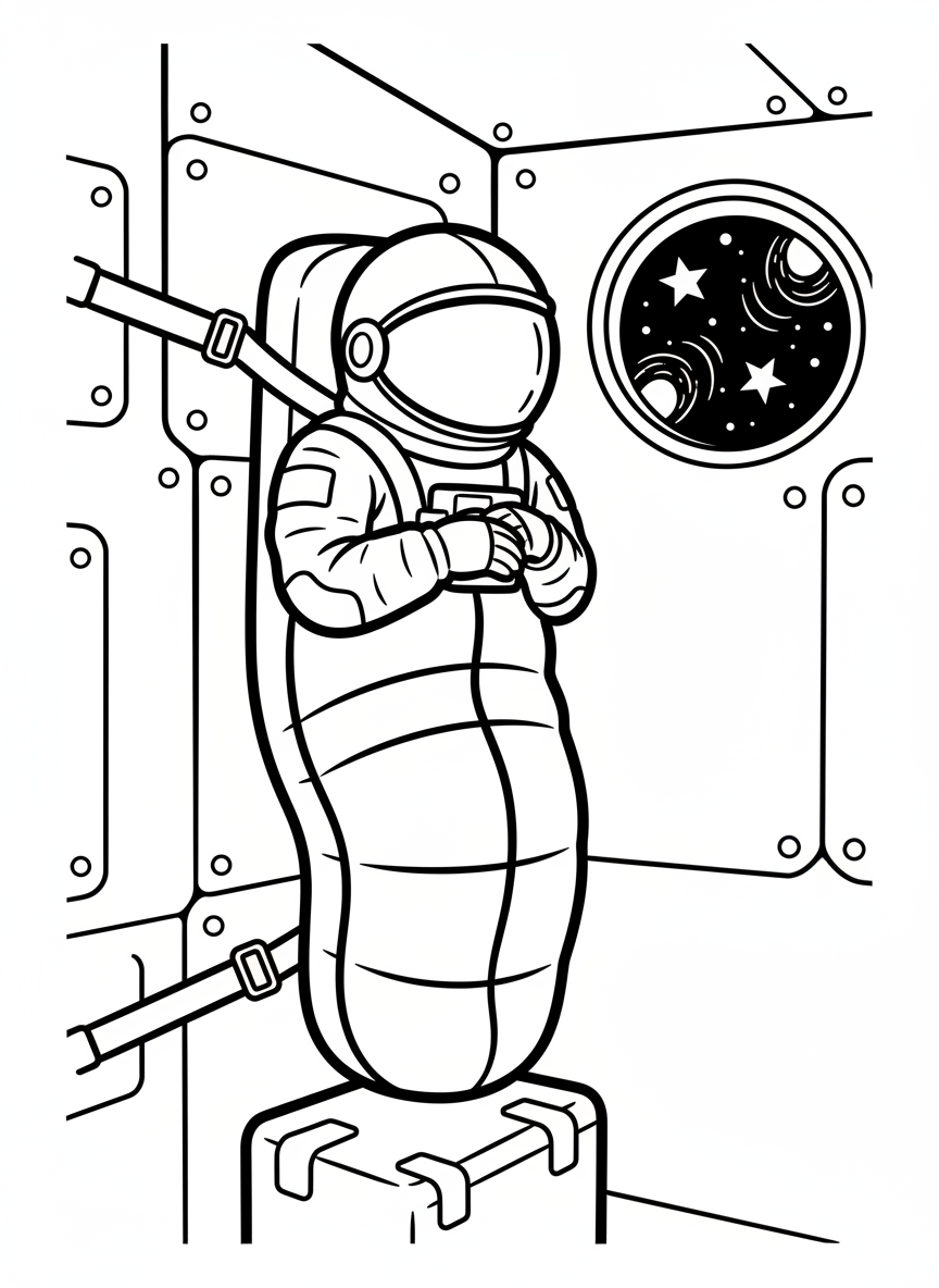 A sleeping astronaut in a sleeping bag attached to a spacecraft wall, peaceful nighttime scene with a small window showing stars